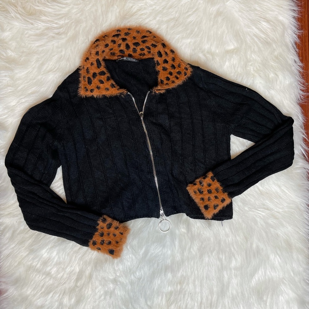 SHEIN black animal print fur trim crop sweater